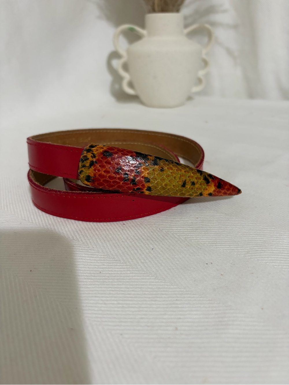 Vintage Red Leather Slim Waist Belt with snakeskin Buckle M/L